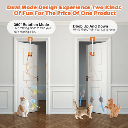 Rechargeable automatic cat teaser wand with 2 modes—random bouncing and 360° rotation—to keep your cat active and engaged.