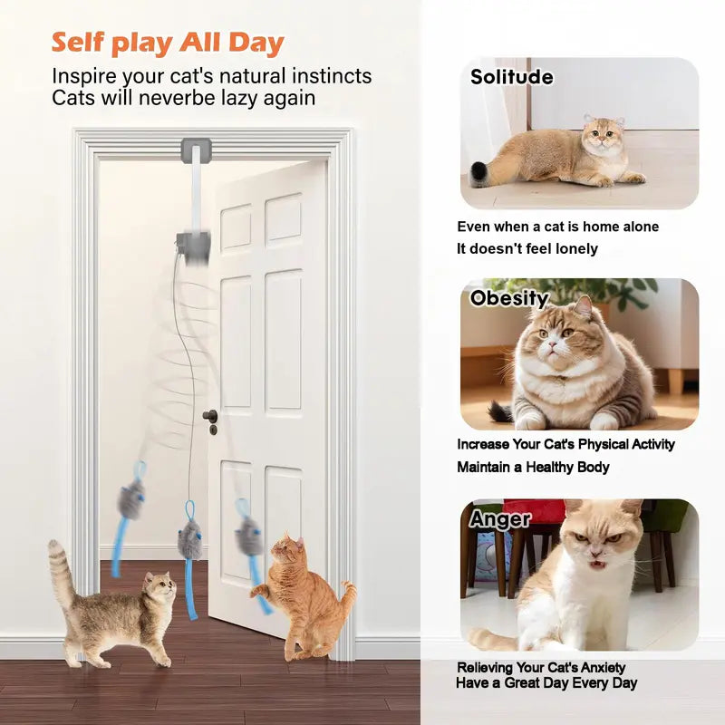 Rechargeable automatic cat teaser wand with 2 modes—random bouncing and 360° rotation—to keep your cat active and engaged.