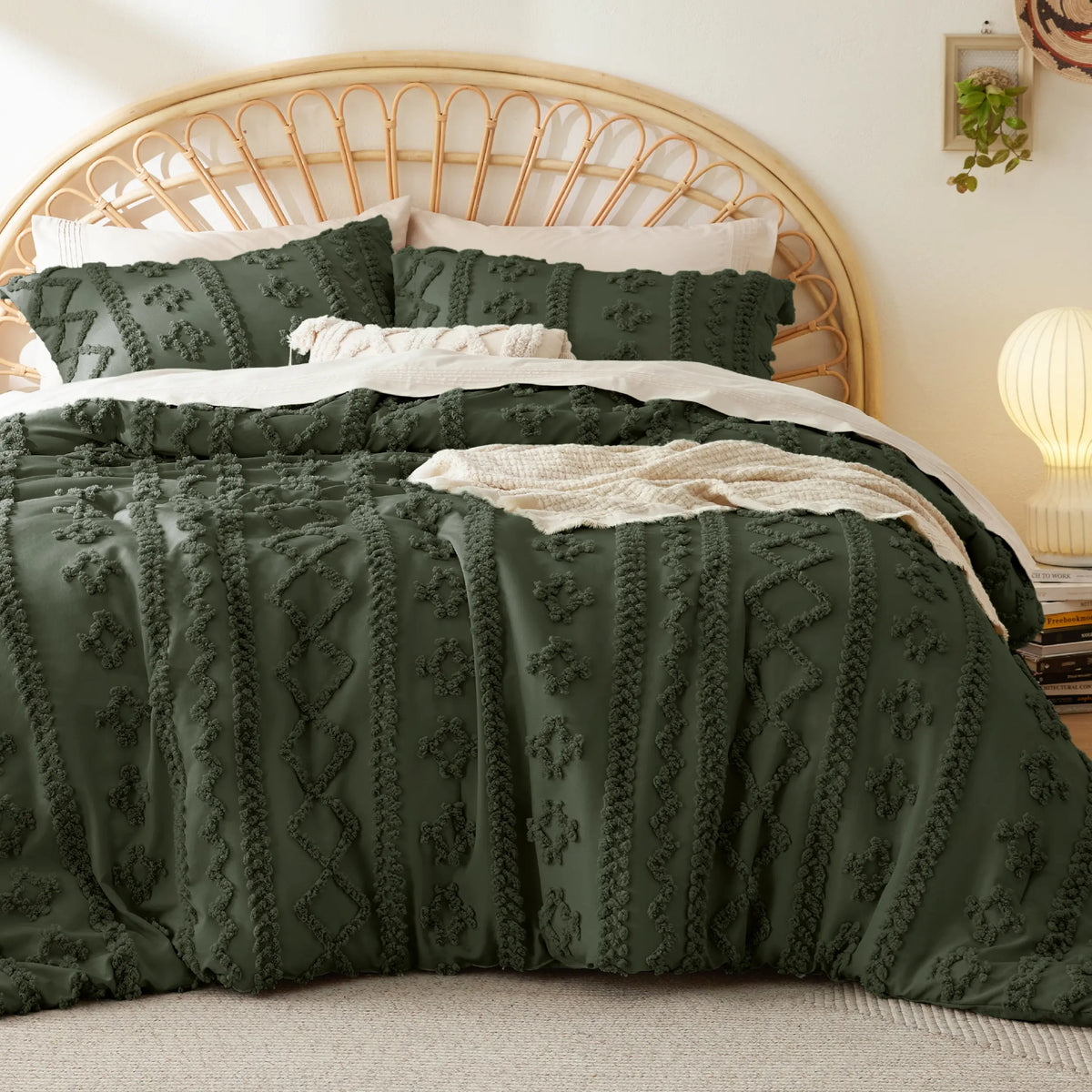 Tufted Bohemian Bedding Set 3-Piece – Breathable Comforter with 2 Pillowcases