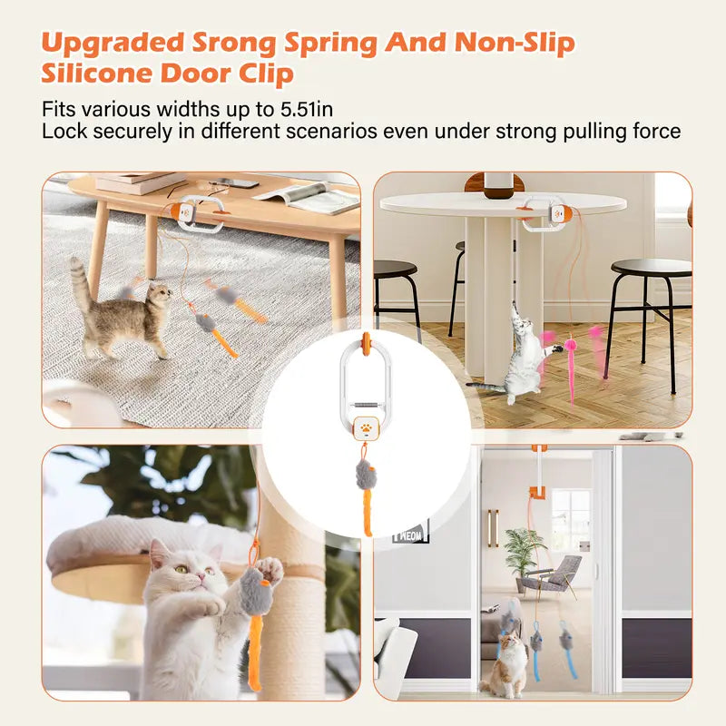 Rechargeable automatic cat teaser wand with 2 modes—random bouncing and 360° rotation—to keep your cat active and engaged.