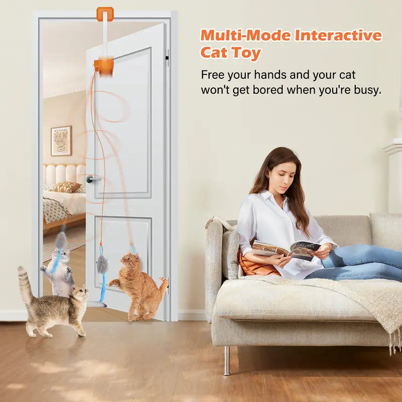 Rechargeable automatic cat teaser wand with 2 modes—random bouncing and 360° rotation—to keep your cat active and engaged.